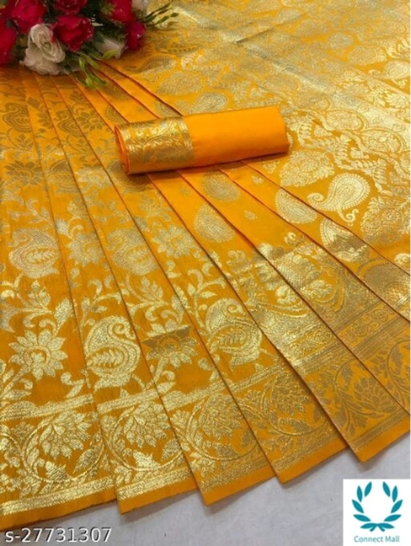 BEAUTIFUL RICH PALLU & JACQUARD ZARI WORK BANARSI SAREE - Saree Length Size:5.5m Blouse Length Size:0.8m, Yellow, Saree And  Blouse Fabric: Banarsi Silk, Pack of:1